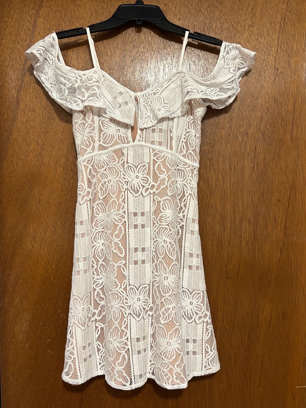 XOXO White Lace over nude Off-Shoulder Mini Dress S Small